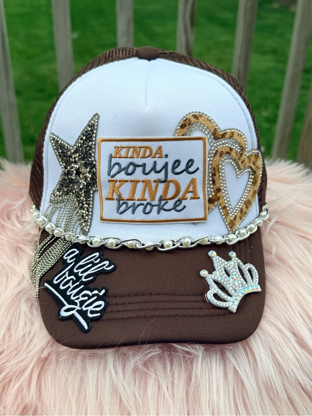 Kinda Bougie Kinda Broke lil bougie glitter star cheetah print trucker hat